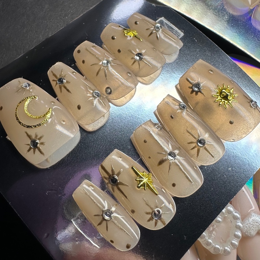Nude Short Coffin stars, moon and sun handmade press on nails